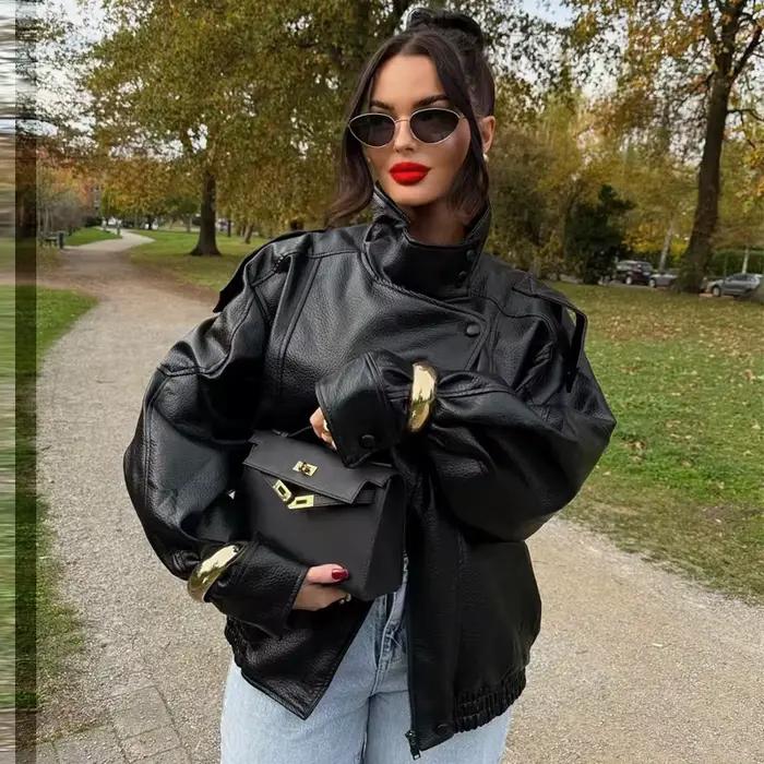 HXAO Novinka Dámska Bomber Bunda z Čiernej Kože Strihaná Oversized Vonkajšie Oblečenie so Zipsom