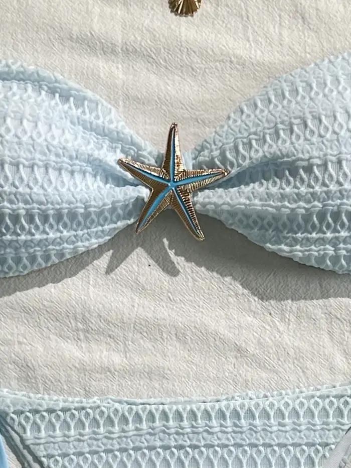 Sexy bleu ciel Micro Bikini 2026 femmes métal étoile de mer ornement plissé Push Up cravate côté string maillot de bain plage maillot de bain maillots de bain