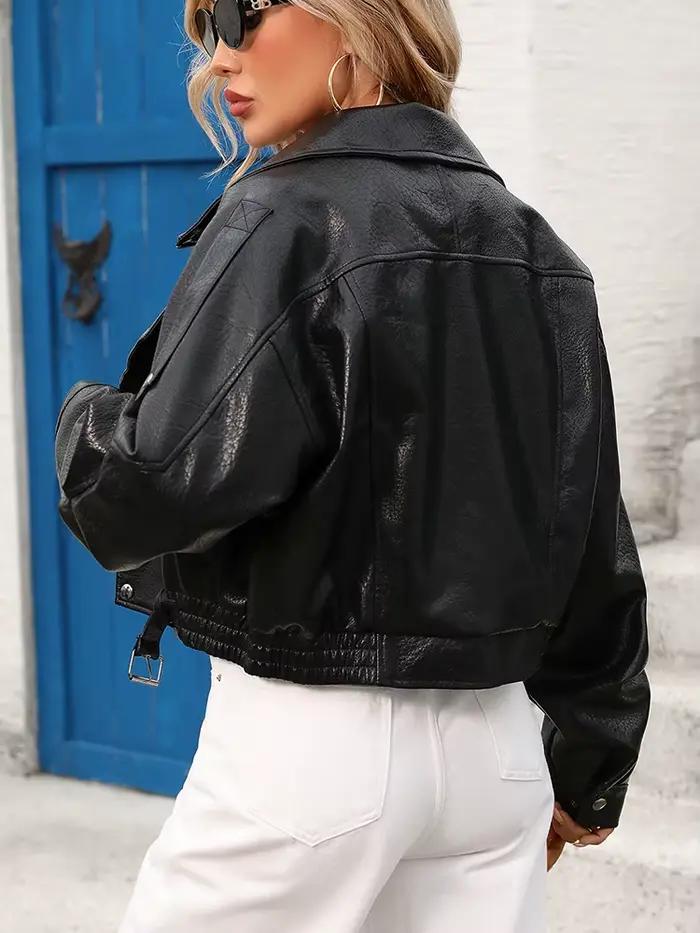 Ailegogo Nová krátka bunda z imitácie kože čierna vintage pre ženy