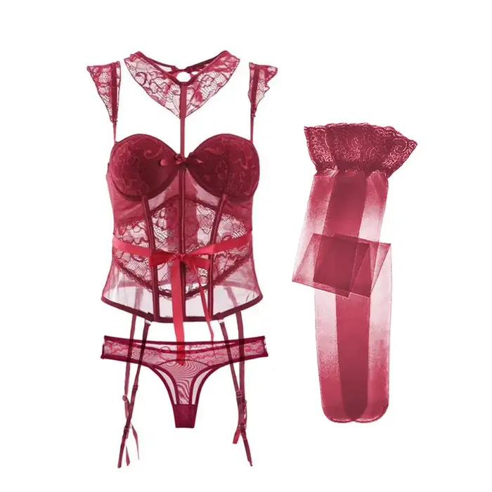 Varsbaby Sexy dentelle Corset corps Shapewear ensemble femmes Bustier avec bretelles bas tour de cou 4 pièces corps Shapers Lingerie