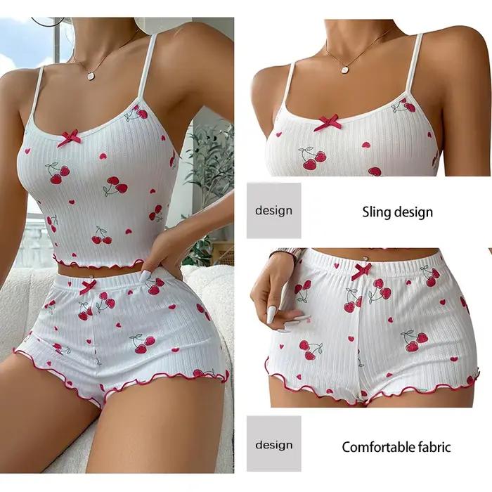 Ensemble pyjama 2 pièces pour femmes, haut caraco avec nœud imprimé cerise sur le devant et ensemble pyjama court, vêtements de nuit mignons et doux