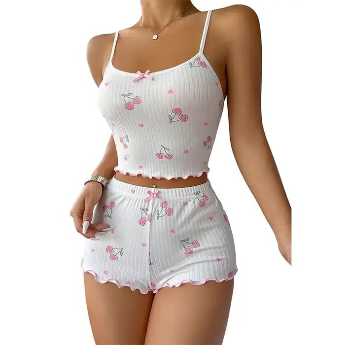 Ensemble pyjama 2 pièces pour femmes, haut caraco avec nœud imprimé cerise sur le devant et ensemble pyjama court, vêtements de nuit mignons et doux
