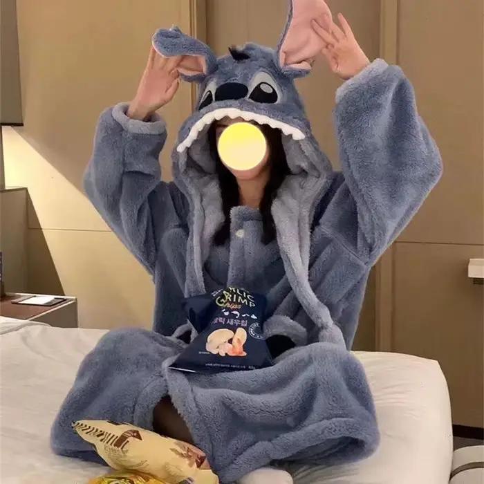 Pyjama couple Lilo & Stitch Angel, robe de nuit chaude en polaire corail, tenue de nuit Disney Stitch en peluche, chemise de nuit épaisse
