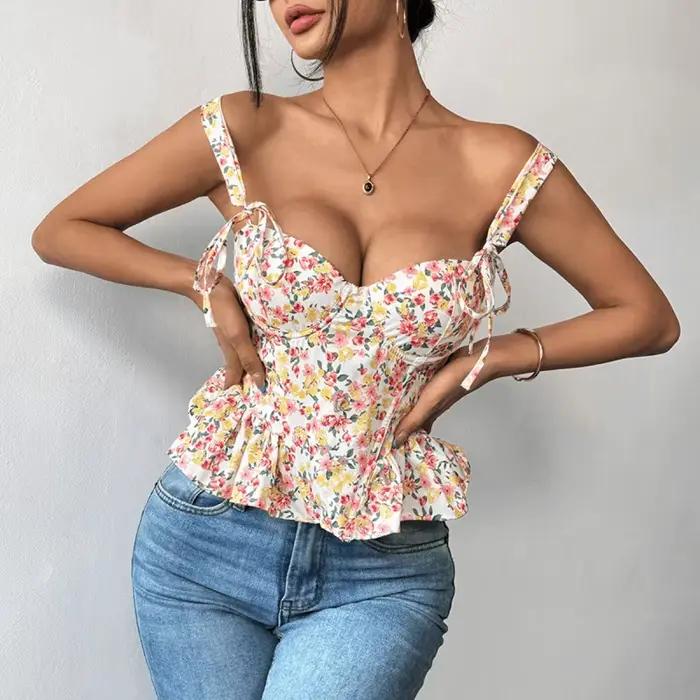 NOUVEAU Corset pour femme Printemps-Été à imprimé floral rose, à lacets, avec baleines, effet sculptant, bord à volants, taille plissée, en coton, style débardeur à bretelles