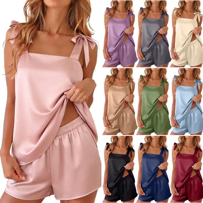 Ensemble pyjama en satin pour femme, haut de pyjama à bretelles et short, 2 pièces, couleur unie, soyeux et lisse, vêtements de nuit et de détente pour l'été