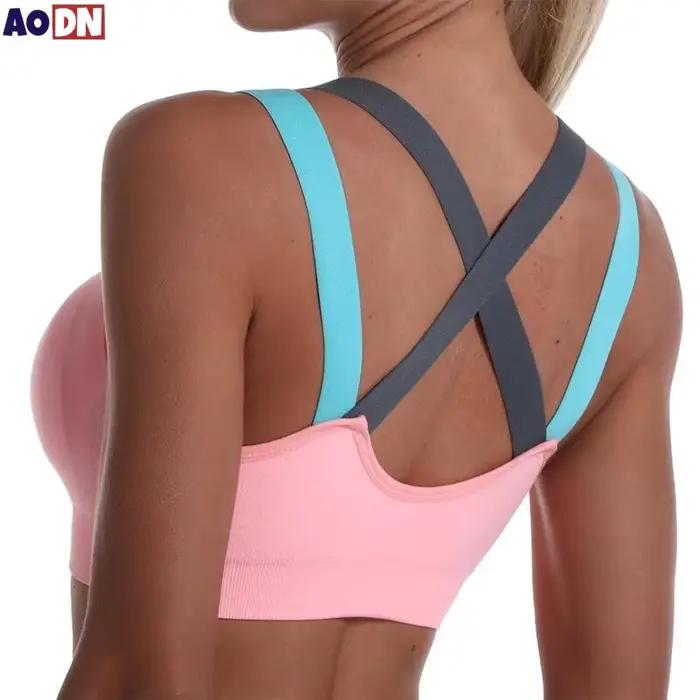 Soutien-gorge de sport croisé à blocs de couleur, beau dos, sans anneau en acier, gilet de Yoga, professionnel, résistant aux chocs, Bralette de course, de Fitness