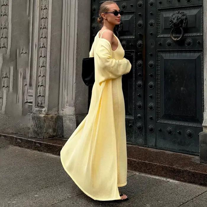 Tuularose dámske dlhé šaty 2-dielne jednofarebné pletené so špagetovými ramienkami a dlhými rukávmi Cardigan set ležérny