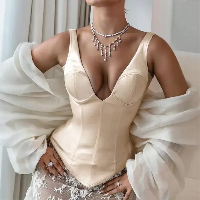 Débardeur Femme en Satin Champagne, Col en V, Style Corset, Sexy, Sans Manches, Dos Nu, Coupe Ajustée, Élégant, Décontracté, pour l'Été
