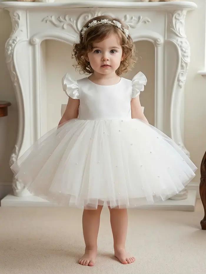 Robe blanche pour demoiselle d'honneur, robe de fête en tulle à volants avec nœud papillon, cadeau pour le premier anniversaire d'une fille, banquet
