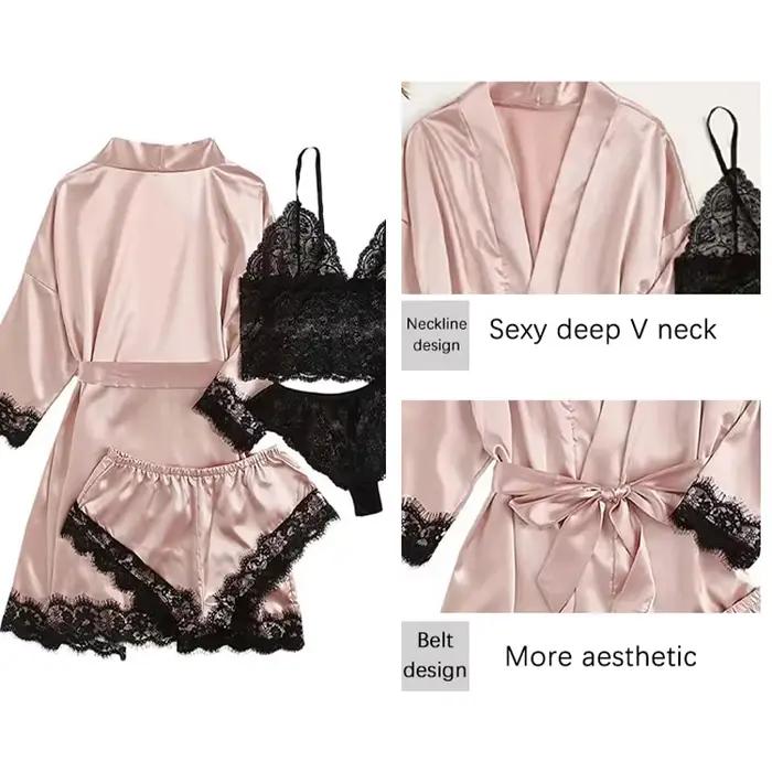 4-dielna dámska nočná bielizeň pyžamový set so Sexy čipkovanou spodničkou