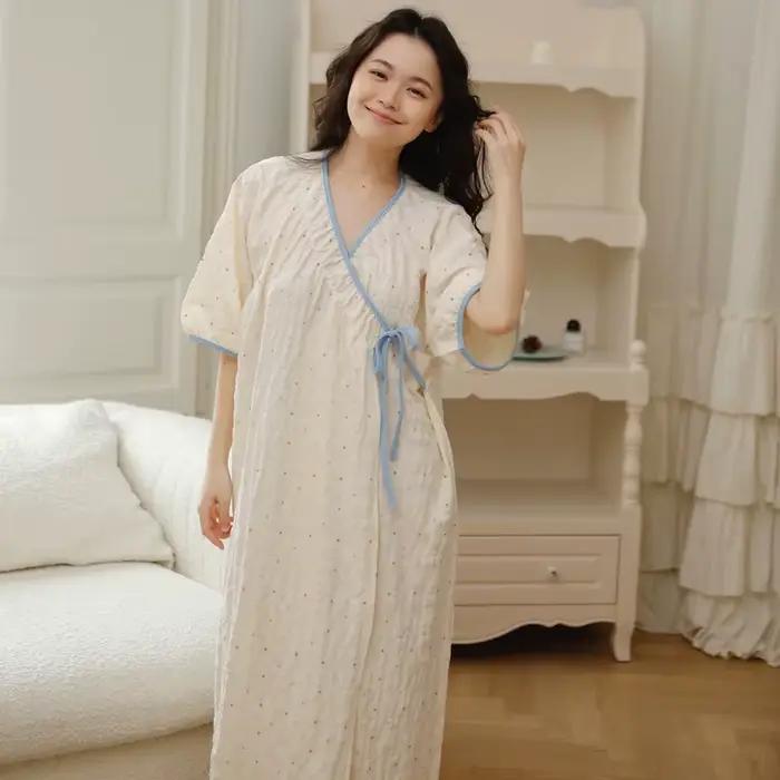 Letná dojčiaca kimono nočná košeľa z mäkkého krčeného bavlny