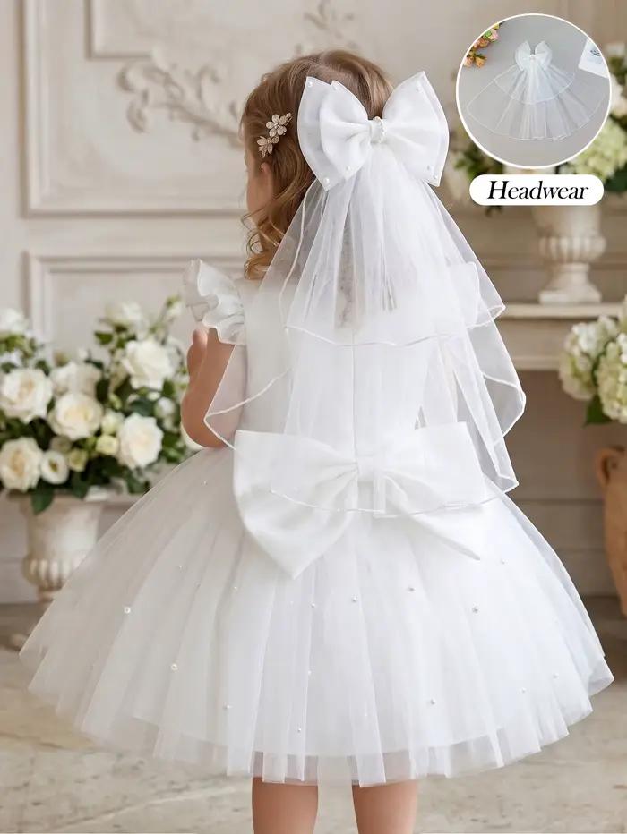 Robe blanche pour demoiselle d'honneur, robe de fête en tulle à volants avec nœud papillon, cadeau pour le premier anniversaire d'une fille, banquet