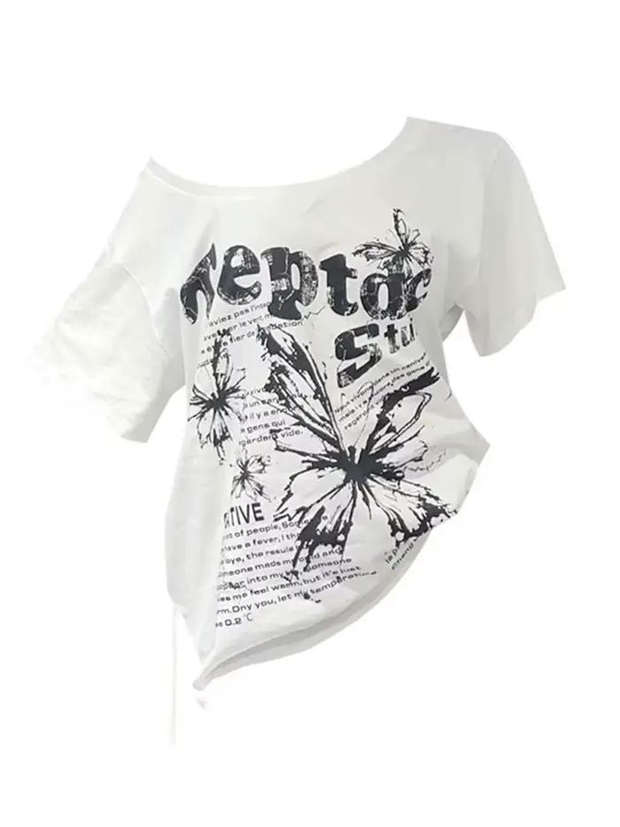 Biele 100% bavlnené Y2k vintage oversize off-shoulder tričko s krátkym rukávom s potlačou pre ženy