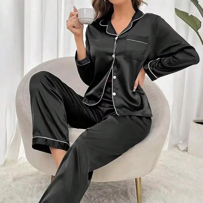 Ensemble pyjama pour femmes, haut à manches longues, taille élastique, pantalon, ensemble de vêtements de détente, Imitation soie, respectueux de la peau