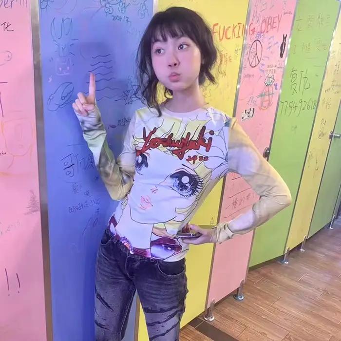 Karrram japonské Y2k Anime tričko s potlačou 2000s estetické dlhé rukávy