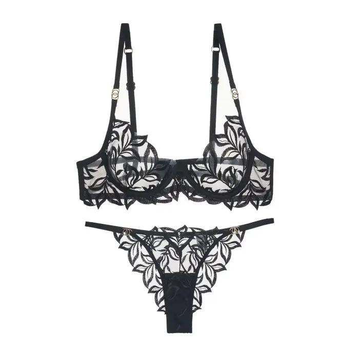 Ensemble soutien-gorge et slip en dentelle pour femmes, Lingerie transparente, haut en coton fin, Sexy, brodé, ajouré, dos en T, doux