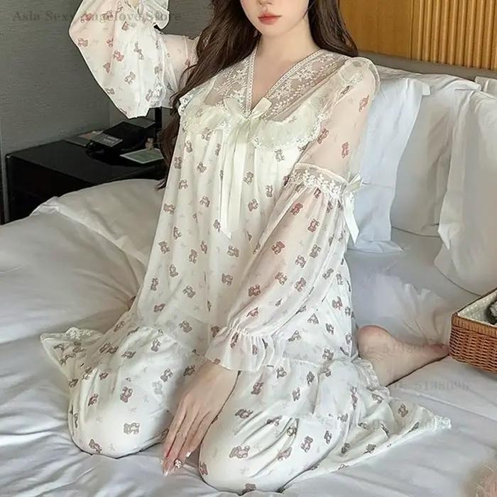 Nový jemný sieťovaný pyžamový set Sexy čipka princeznovský štýl ležérne nočné oblečenie s potlačou exkluzívne elegantné