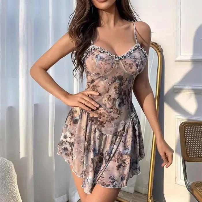 Kvetinová camisole nočná košeľa s mini sukňou a čipkou