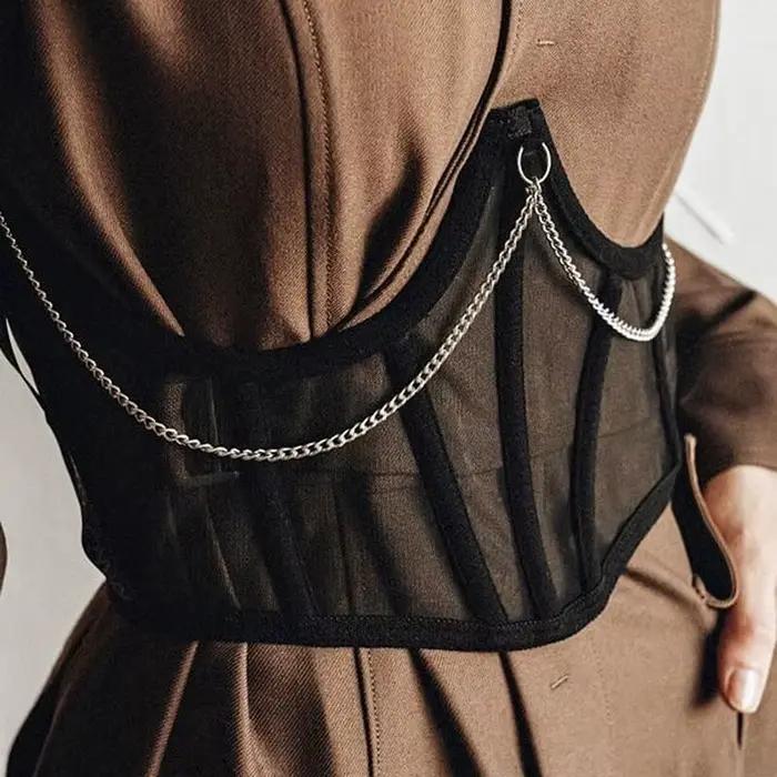 Sexy korzet pod prsia Punk čierna kovová reťaz ženy top krivky tvarovač pásový pás vysoký pás čipka bustier