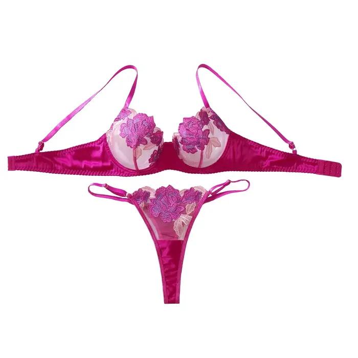 Červená ruža kvetinová výšivka sexy priesvitná podprsenka ultra tenký košíček push-up veľký displej set podprsenky