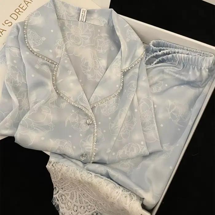 Soie deux pièces dames ensemble Pijama automne Floral à manches longues boutonné haut et pantalon vêtements de nuit femme vêtements de nuit Sexy Pyjamas ensemble