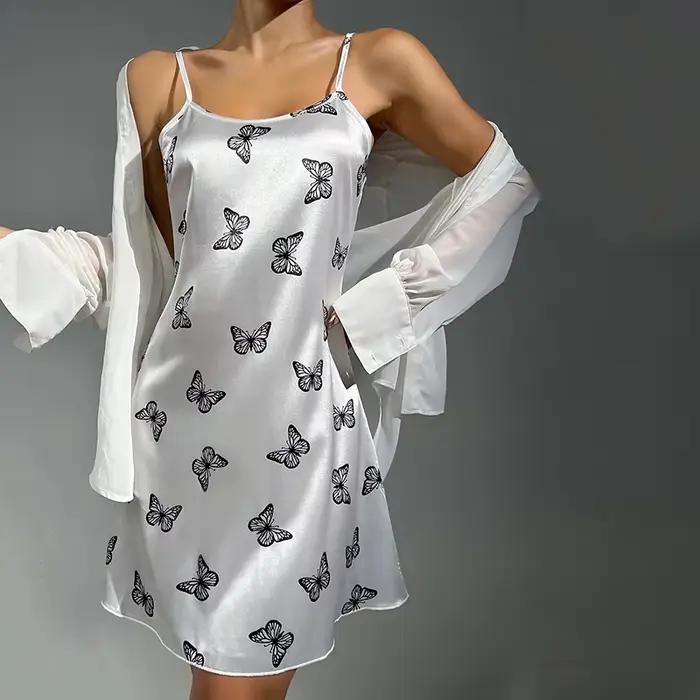 Chemise de nuit soyeuse et confortable pour femmes, imprimé papillons, coupe basse, pour une sensation de fraîcheur en été, robe de nuit Chic, pyjama de maison