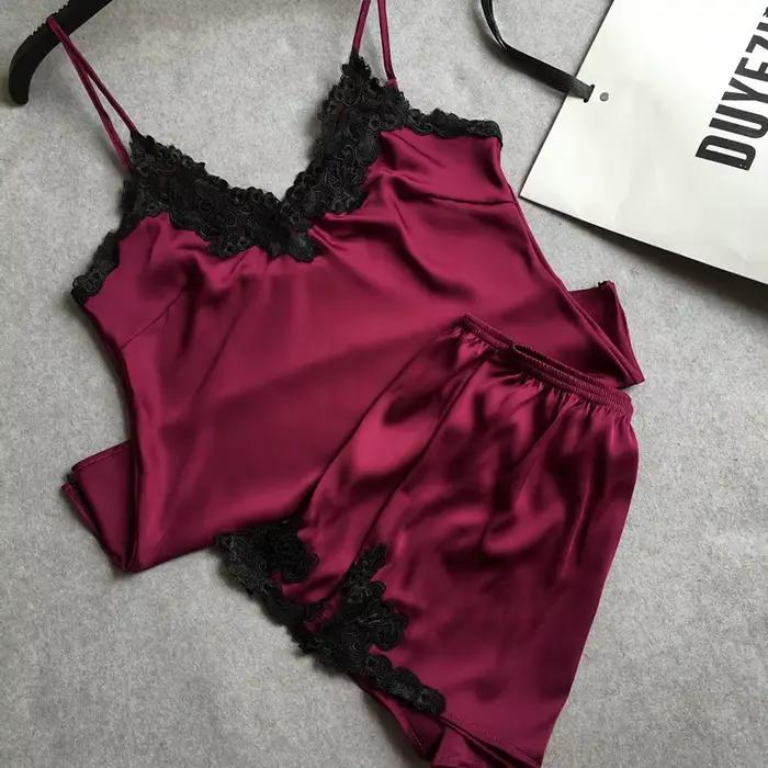 Ensemble pyjama en satin pour femmes, sexy, en dentelle, col en v, vêtements de nuit d'été, pour la maison