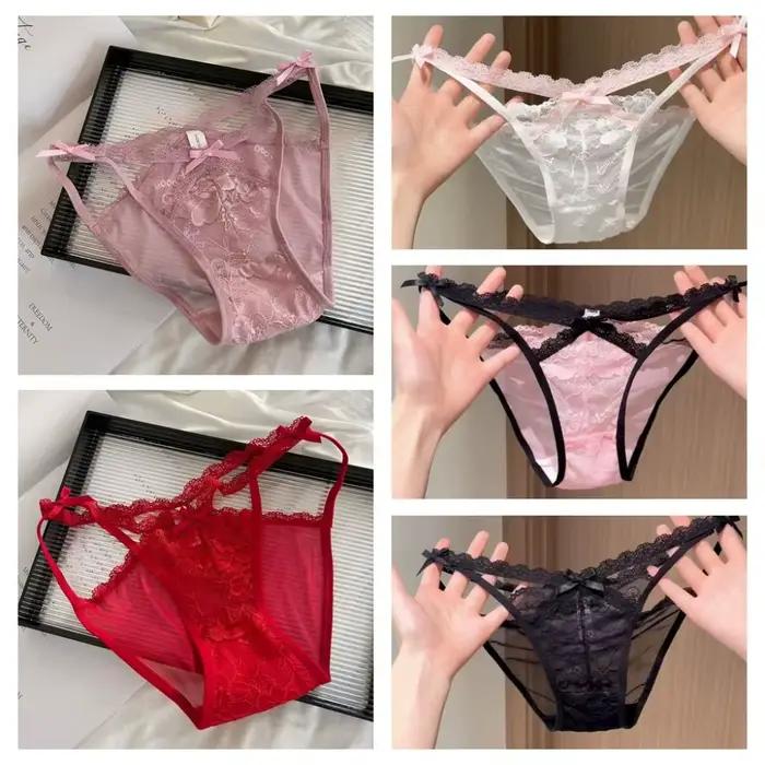 Culottes de lingerie pour femme, style français, taille mi-haute, sans couture, à nœud, en dentelle florale, ajourées, en maille de dentelle transparente