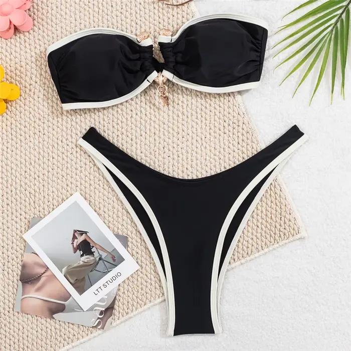 Ensembles de bikinis bandeau marron 2026, maillot de bain sexy pour femmes, maillot de bain bicolore, boucle métallique, maillot de bain à découpe haute, bikinis de mujer