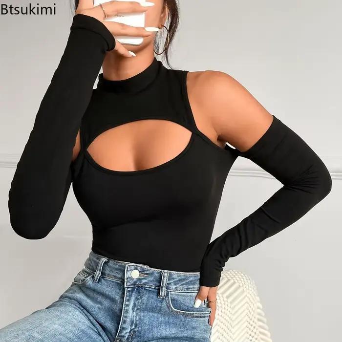 Combinaison sexy ajourée à manches longues et épaules dénudées pour femme, couleur unie, col semi-montant, vêtement de base tendance 2026