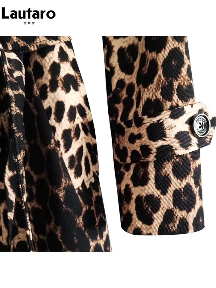Lautaro jarná jesenná dlhá elegantná leopardia potlač trench kabát pre ženy s opaskom dvojradové zapínanie ležérny