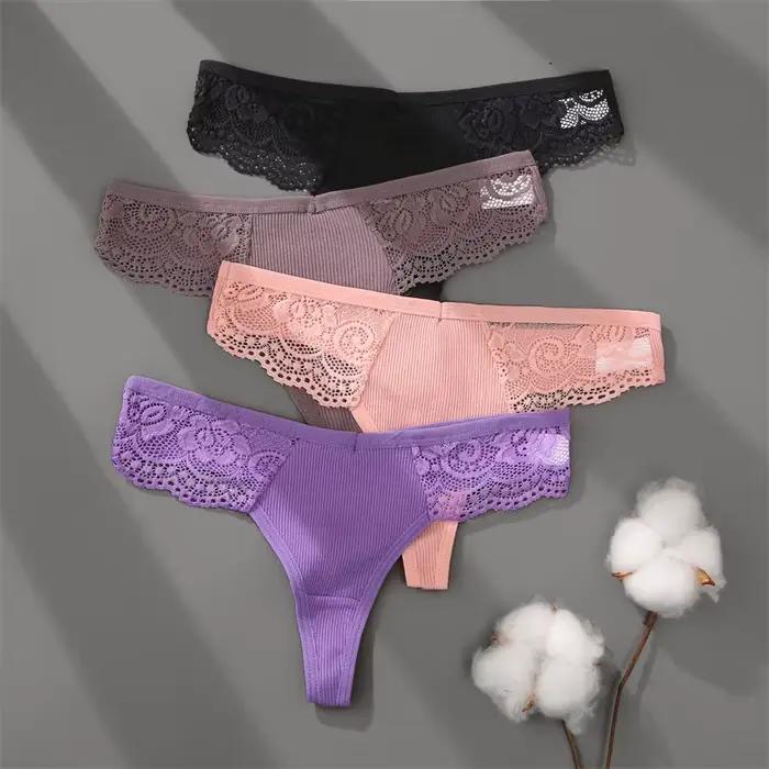Ensemble de lingerie en coton tricoté orné de dentelle fleur, 3 pièces, taille basse, string, lingerie féminine élégante et sexy