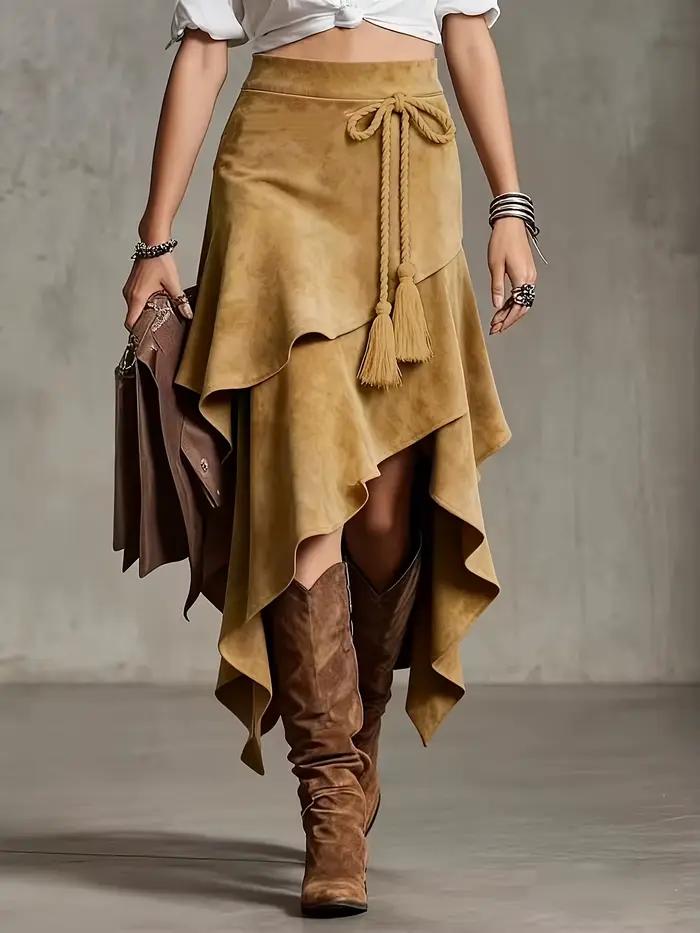 Jednofarebná semišová sukňa po kolená s nepravidelným dizajnom v štýle vintage western