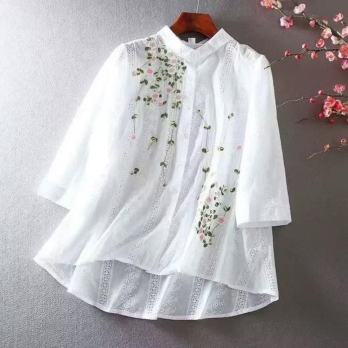 Chemise en dentelle rétro pour femme, haut brodé adt, simple boutonnage, manches 2025, chemisier à fleurs décontracté, printemps, été, 3/4