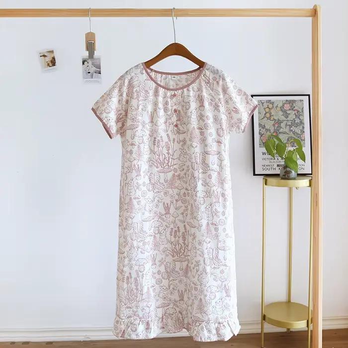 Chemise de nuit pour femme 1 pièce, robe de nuit décontractée en gaze de coton, manches courtes et coupe ample, légère et respirante, pour la maison en été