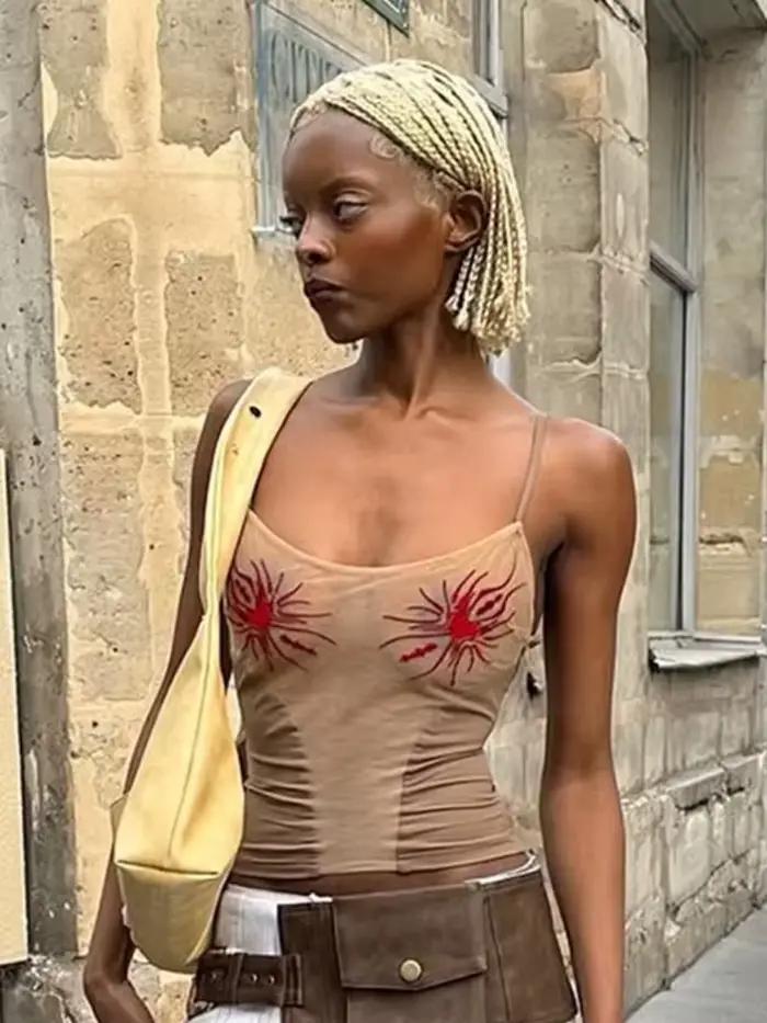 Nibber Voir à travers les femmes Camisole Sun Print Y2K Mode d'été Col bas Coquette Midnight Party Club Wild Basic Street Slim Tees