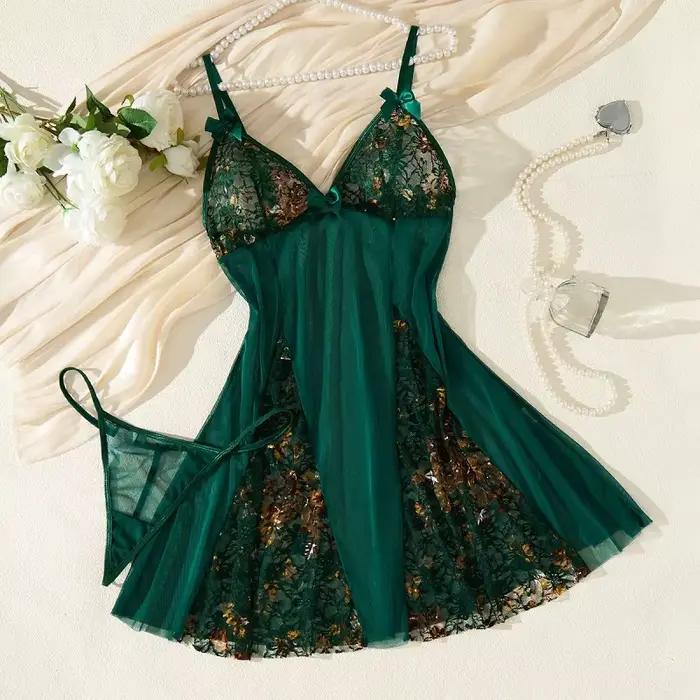 Pyjama pour femmes, vert foncé, en maille, vêtements de nuit, dentelle, nœud, robe de nuit, col en V, bretelles spaghetti, sans manches, mini robe de nuit