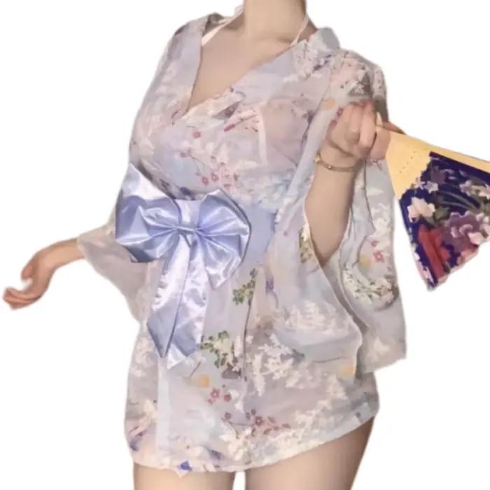 Nouvelle Robe de Nuit Kimono en Chiffon Imprimée et Brodé, Col en V Profond, Nœud Papillon, Séduisante et Coquette, Lingerie Érotique