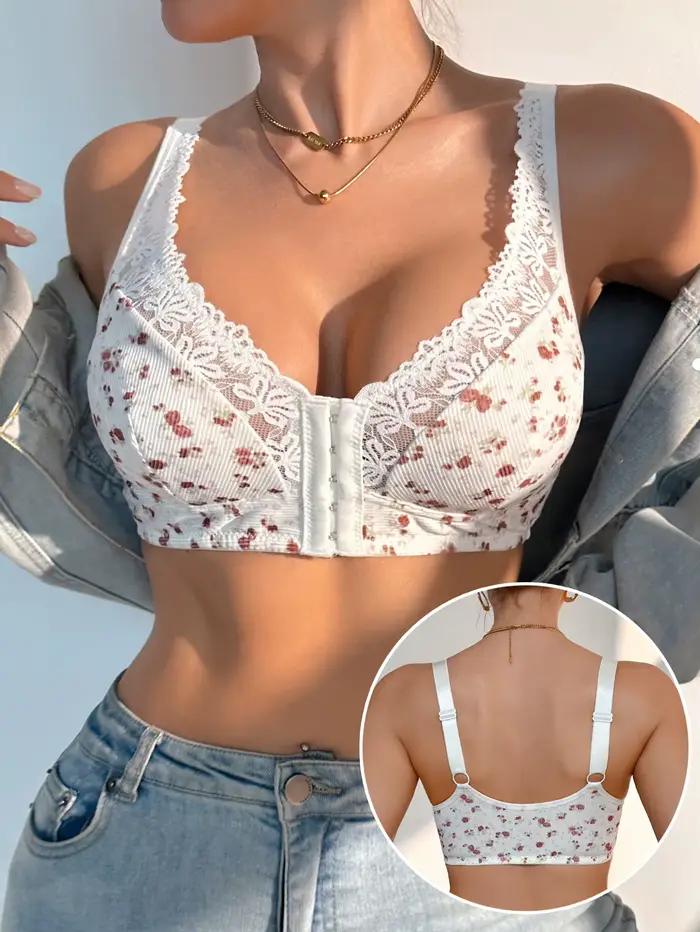 Bralette en dentelle florale avec fermeture frontale pour femme, soutien-gorge confortable sans armatures ni doublure, bretelles réglables, lingerie douce pour tous les jours