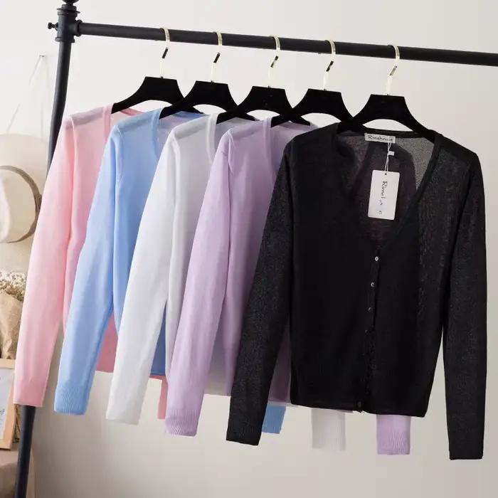 Dámsky kórejský štýl letný ľahký cardigan s dlhým rukávom crop top