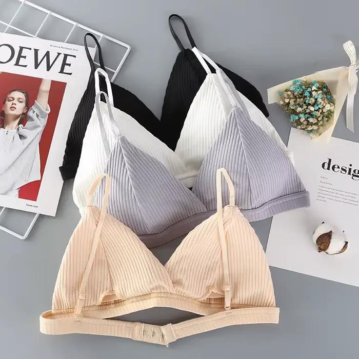 Soutien-gorge push-up en coton côtelé pour femme, bralette sans armatures, lingerie sexy simple à dos bas et fermeture à un seul crochet