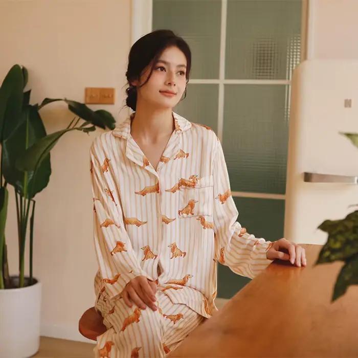 INS Style mignon teckel chien imprimé pyjama ensemble pour femmes doux Viscose rayé vêtements de nuit à manches longues boutonné vêtements de détente