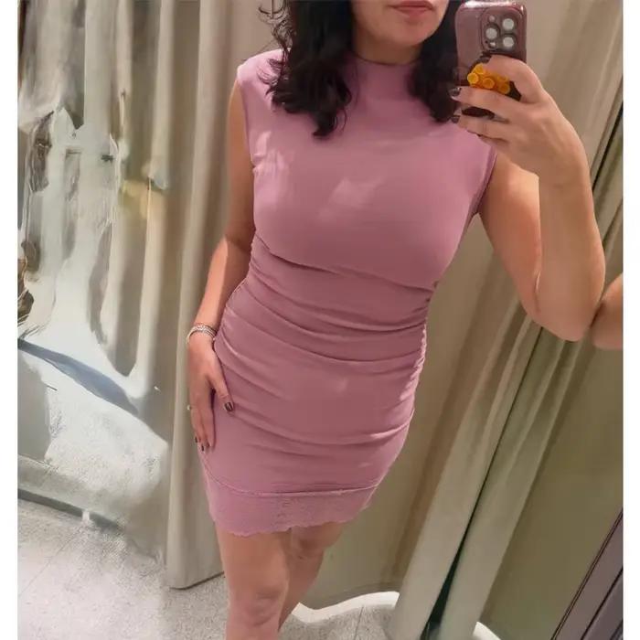Robe Courte en Dentelle Femme 2026, Robe Moulante Froncée Sans Manches pour Soirée, Robe d'Été Courte Violette pour Femme