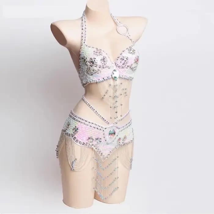 Costume de nuit Sexy pour filles, Costume de danse du ventre perlé fait à la main, soutien-gorge et ceinture, ensemble de 2 pièces pour femmes, vêtements de fête de danse de carnaval