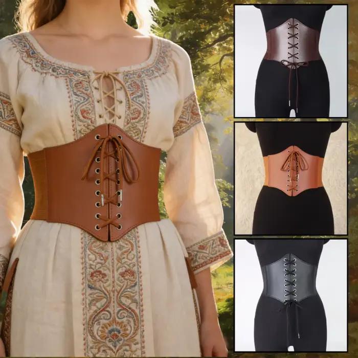 Corset en similicuir pour femme, à lacets, sexy, gaine amincissante, style gothique, sous-poitrine, avec large ceinture, pour clubwear, bustier, ceinture médiévale