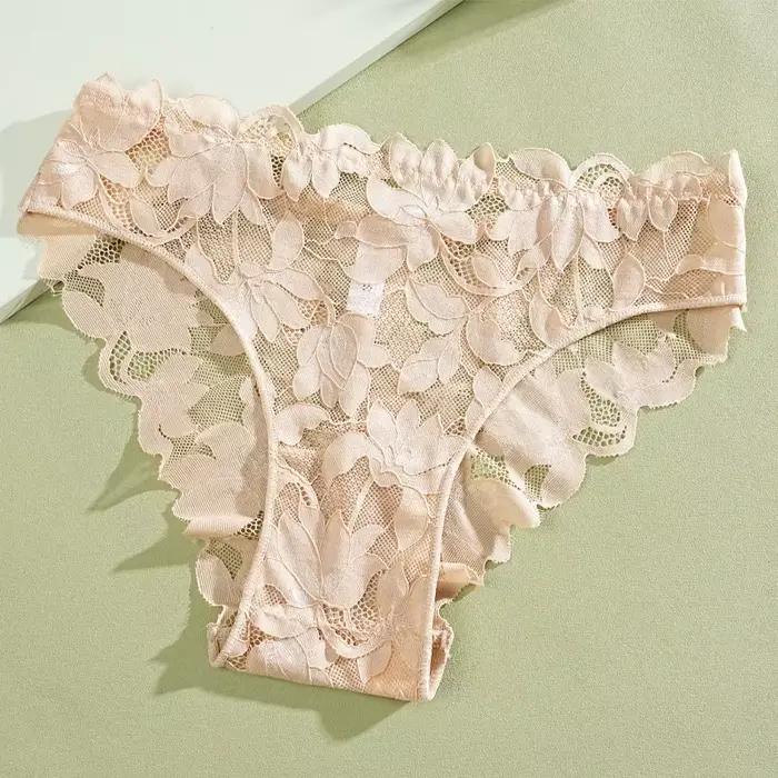 FINETOO 2 pièces femmes Satin sous-vêtements en dentelle florale Sexy évider culotte solide taille basse Perspective slips filles Lingerie douce