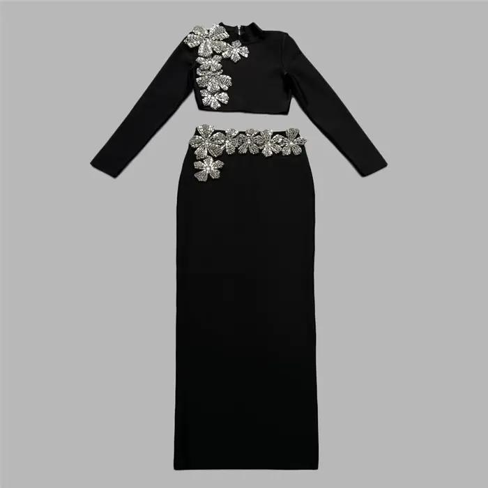 Ensemble deux-pieces sexy en diamants et polyester pour femmes, ideal pour les parties et les evenements formels automne-hiver
