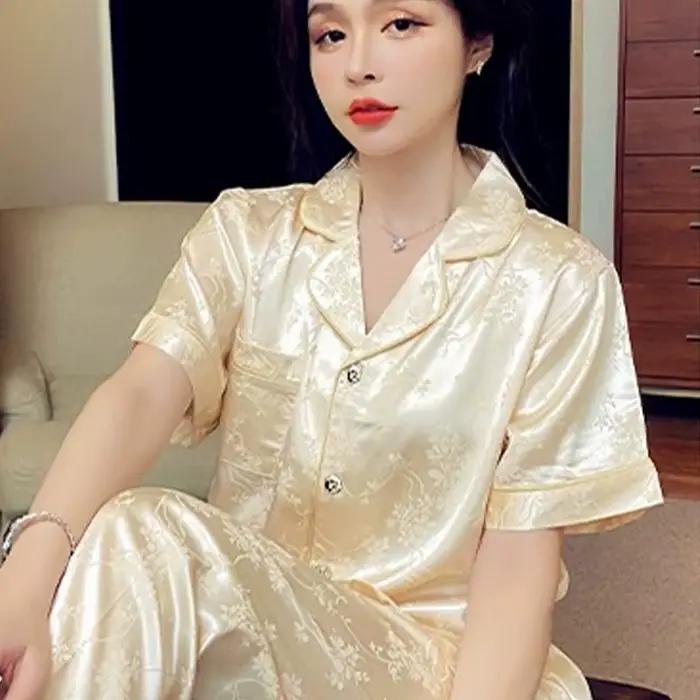 Conjuntos De Pijama nouveau Satin De soie vêtements De nuit femmes pyjama ensembles revers manches courtes chemise pantalon costume mode maison vêtements