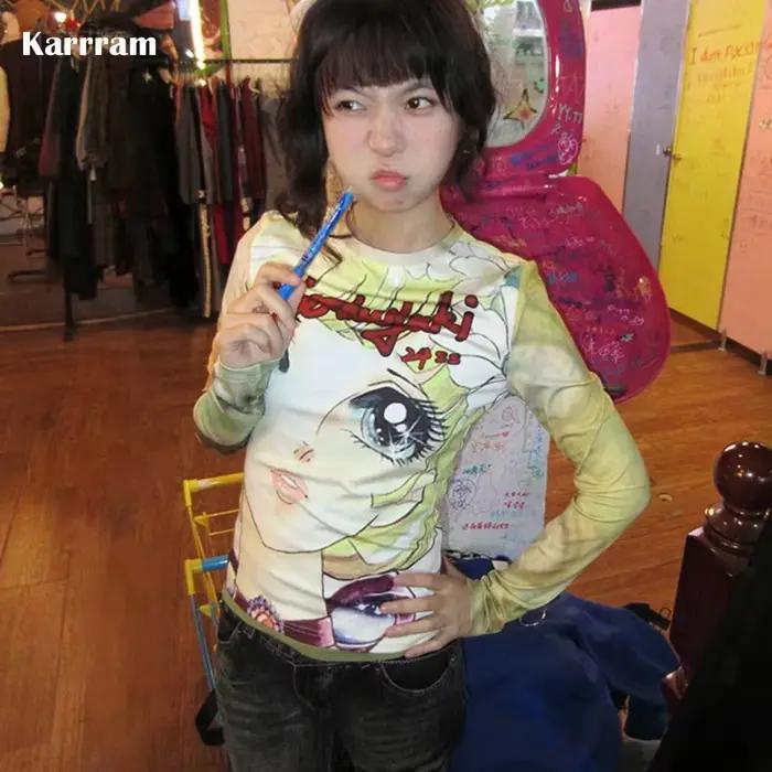 Karrram japonské Y2k Anime tričko s potlačou 2000s estetické dlhé rukávy