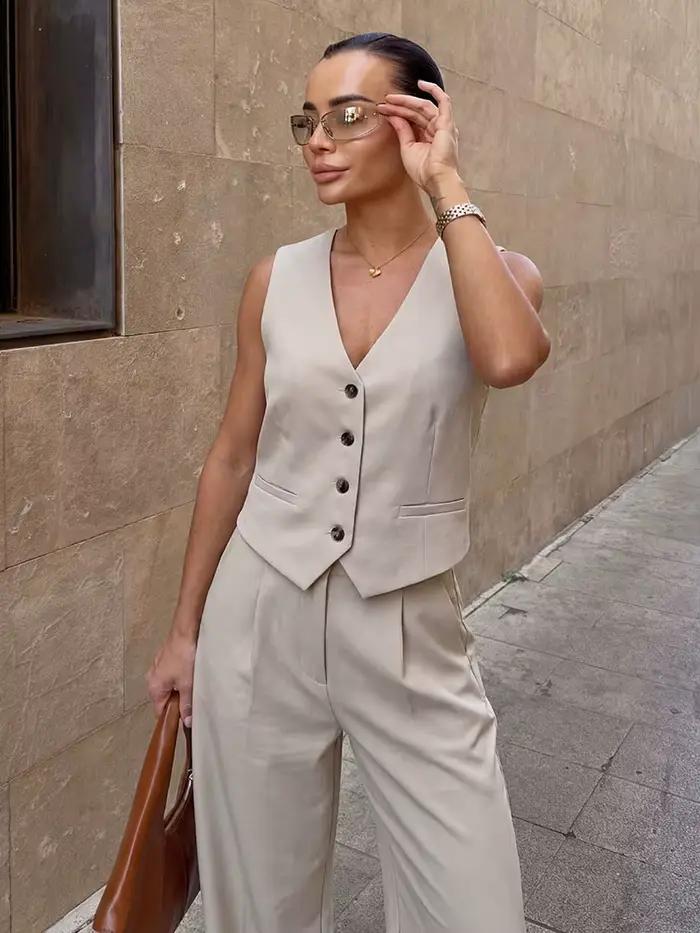 Ensemble veston sans manches et pantalon de bureau pour femmes, polyester, col en V, fermeture bouton unique, occassionnellement décontracté, printemps été